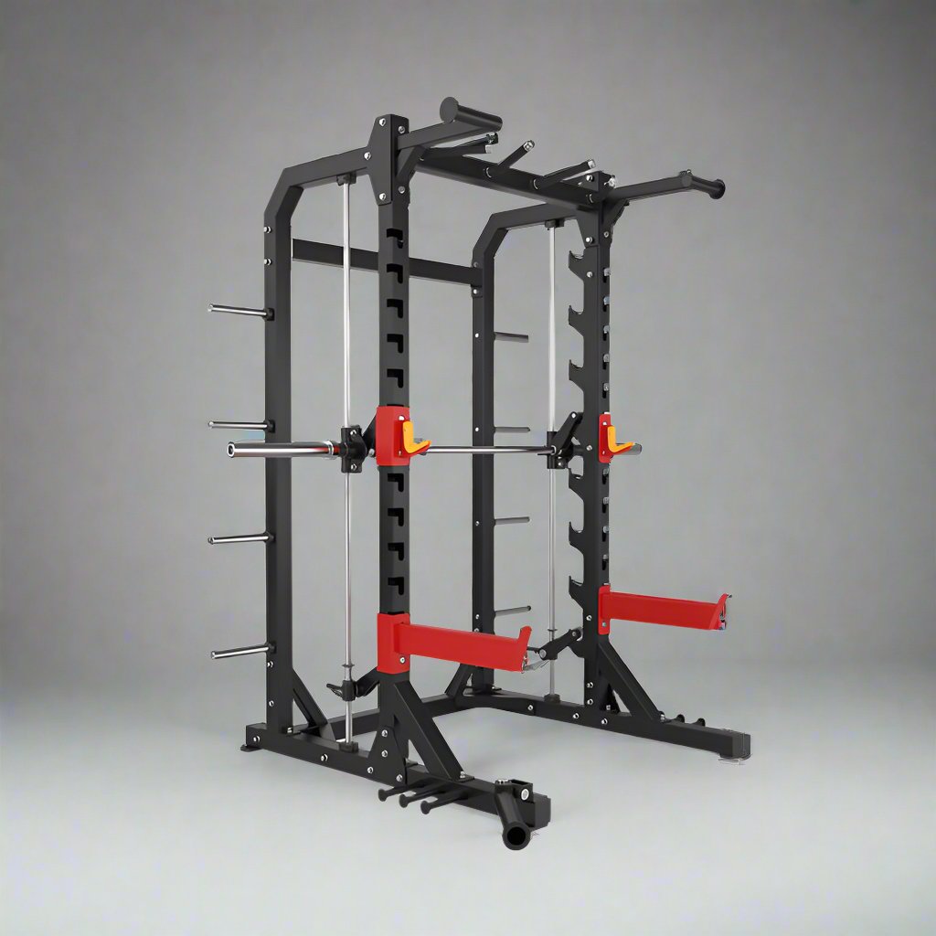 Smith machine and free squat with pullup bar.