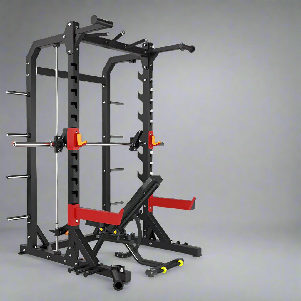 Smith machine and free squat with pullup bar.